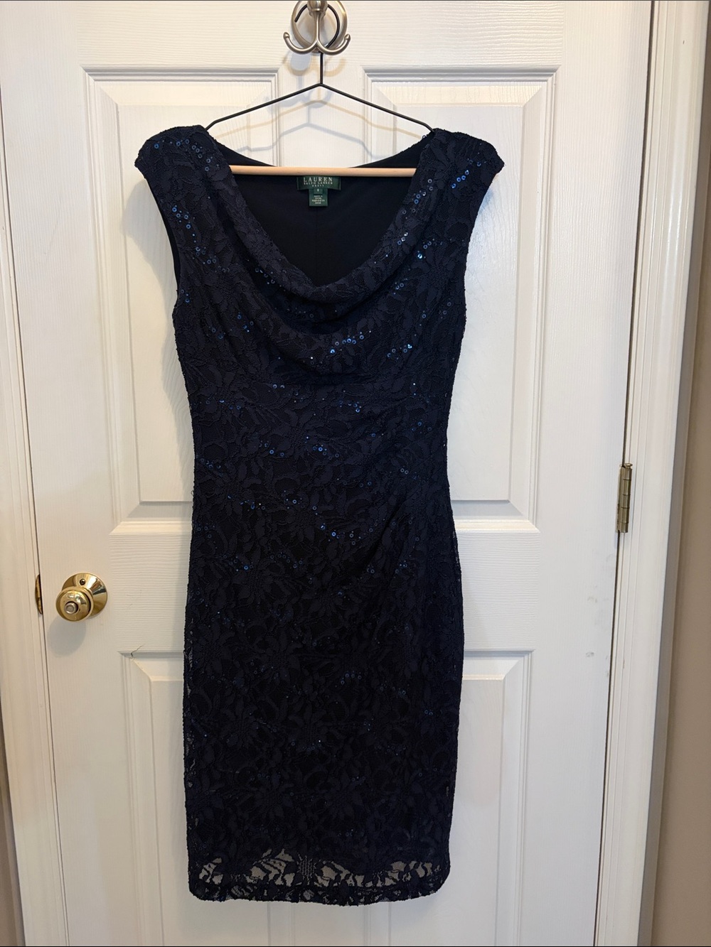 Ralph Lauren Navy Sequin Lace Cowl-Neck Sheath Dress